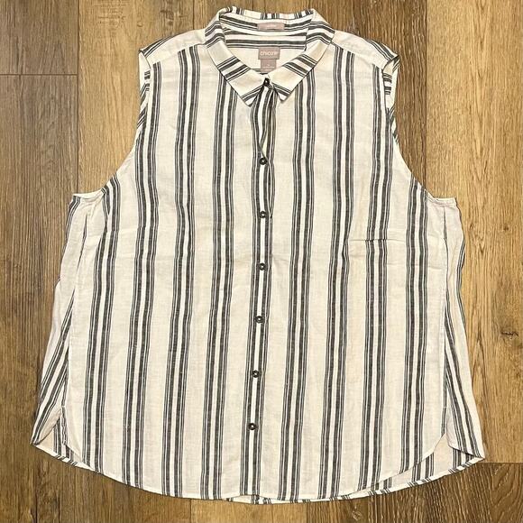 Chico’s No-Iron Linen Sleeveless Striped Tunic White Black Women’s Size 4 XXL - Picture 4 of 9